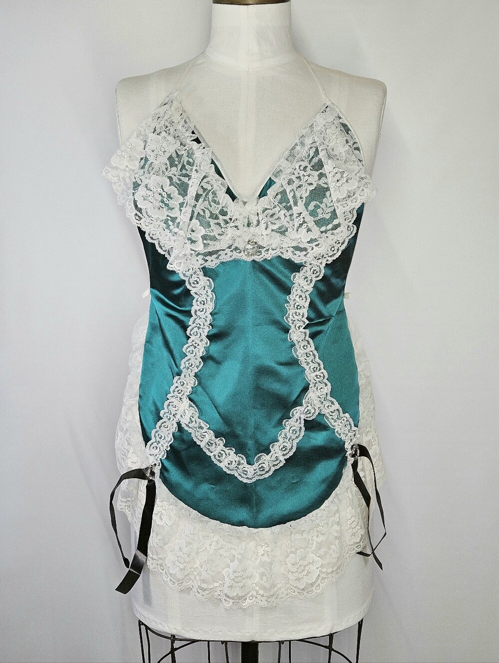 Lingerie Apron XS-XL OS Vintage 80s Novelty Satin Lace Tie Emerald Green White